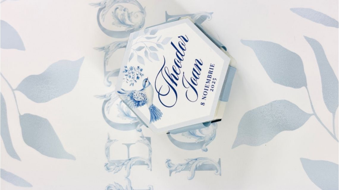 Trusou botez baietel Hot Air Balloon Blue Toile cu baloane de aer cald design elegant 35